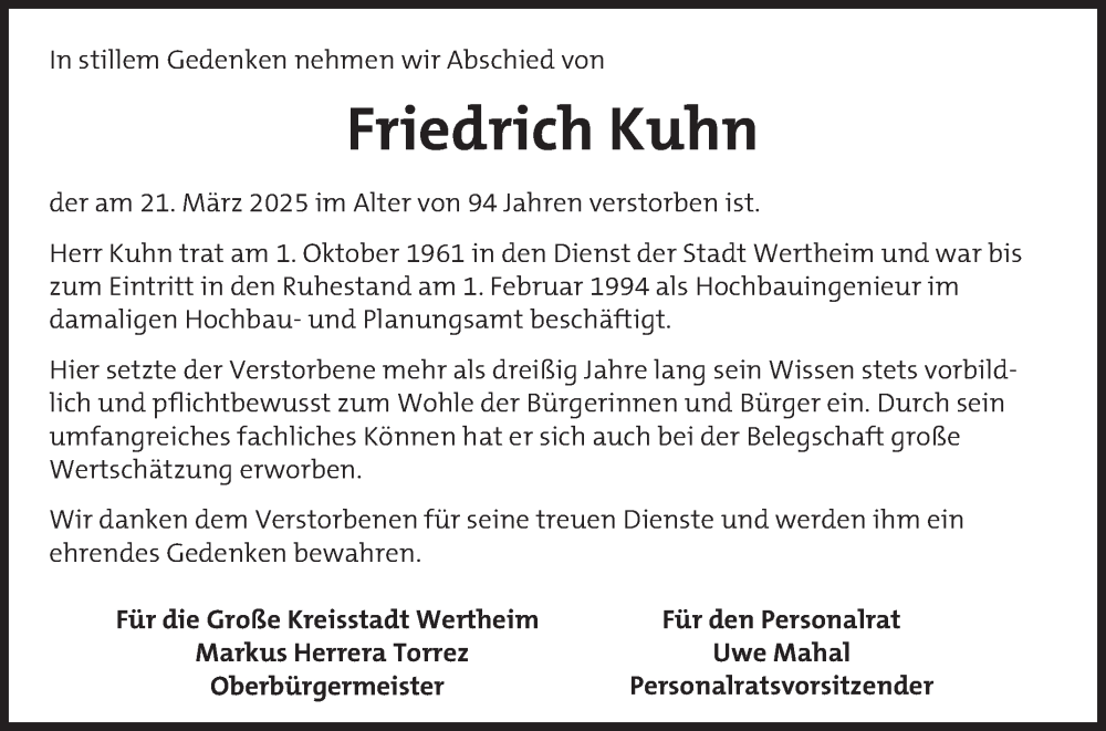  Traueranzeige für Friedrich Kuhn vom 12.04.2025 aus Fränkische Nachrichten