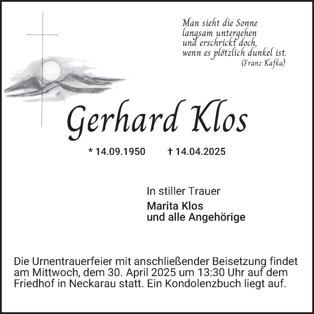  Traueranzeige für Gerhard Klos vom 26.04.2025 aus Mannheimer Morgen