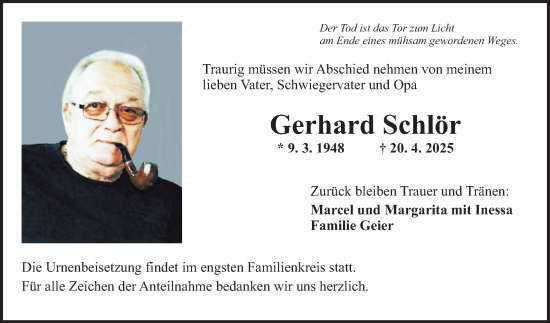 Traueranzeige von Gerhard Schlör von Fränkische Nachrichten