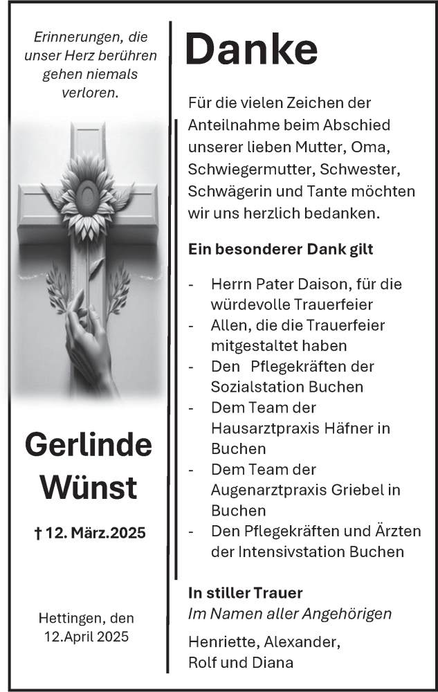  Traueranzeige für Gerlinde Wünst vom 12.04.2025 aus Fränkische Nachrichten