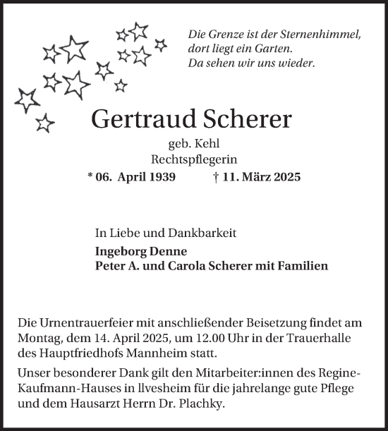 Traueranzeige von Gertraud Scherer von Mannheimer Morgen