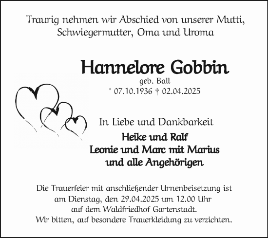 Traueranzeige von Hannelore Gobbin von Mannheimer Morgen
