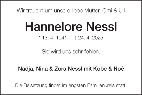 Traueranzeige von Hannelore Nessl von Fränkische Nachrichten