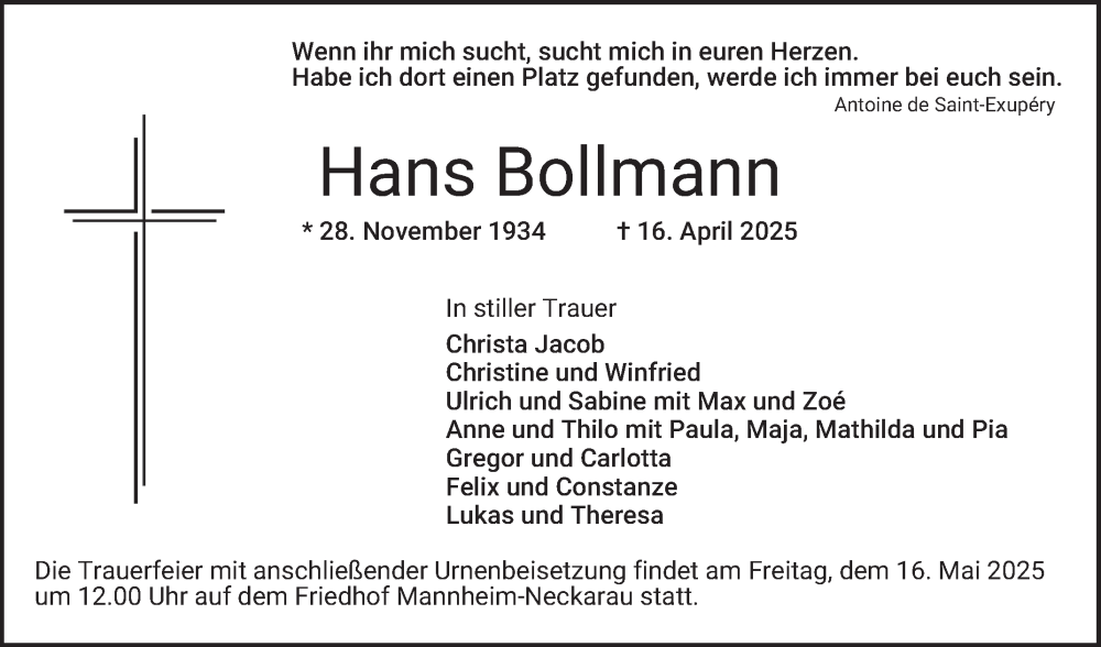  Traueranzeige für Hans Bollmann vom 26.04.2025 aus Mannheimer Morgen