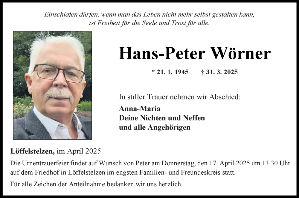  Traueranzeige für Hans-Peter Wörner vom 12.04.2025 aus Fränkische Nachrichten