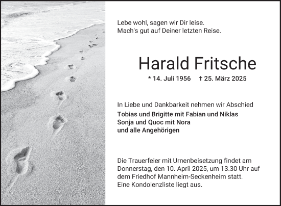 Traueranzeige von Harald Fritsche von Mannheimer Morgen
