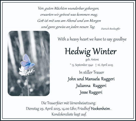 Traueranzeige von Hedwig Winter von Schwetzinger Zeitung