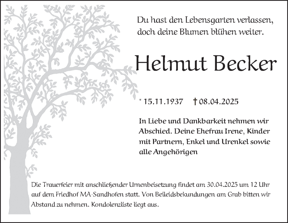 Traueranzeige für Helmut Becker vom 16.04.2025 aus Mannheimer Morgen