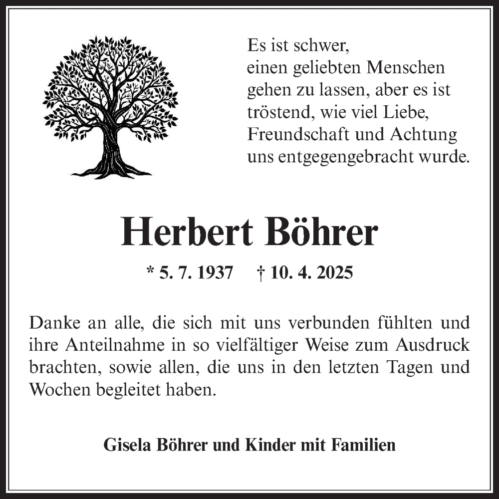  Traueranzeige für Herbert Böhrer vom 26.04.2025 aus Fränkische Nachrichten