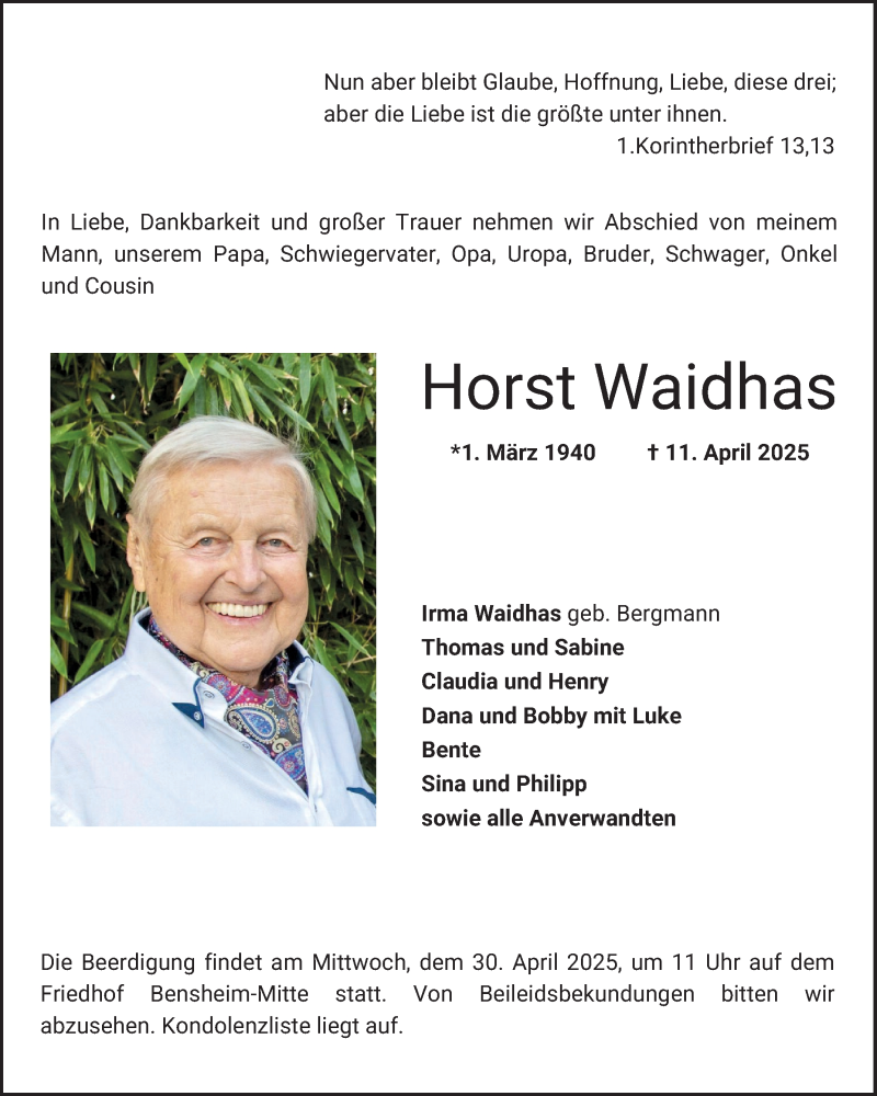  Traueranzeige für Horst Waidhas vom 26.04.2025 aus Bergsträßer Anzeiger