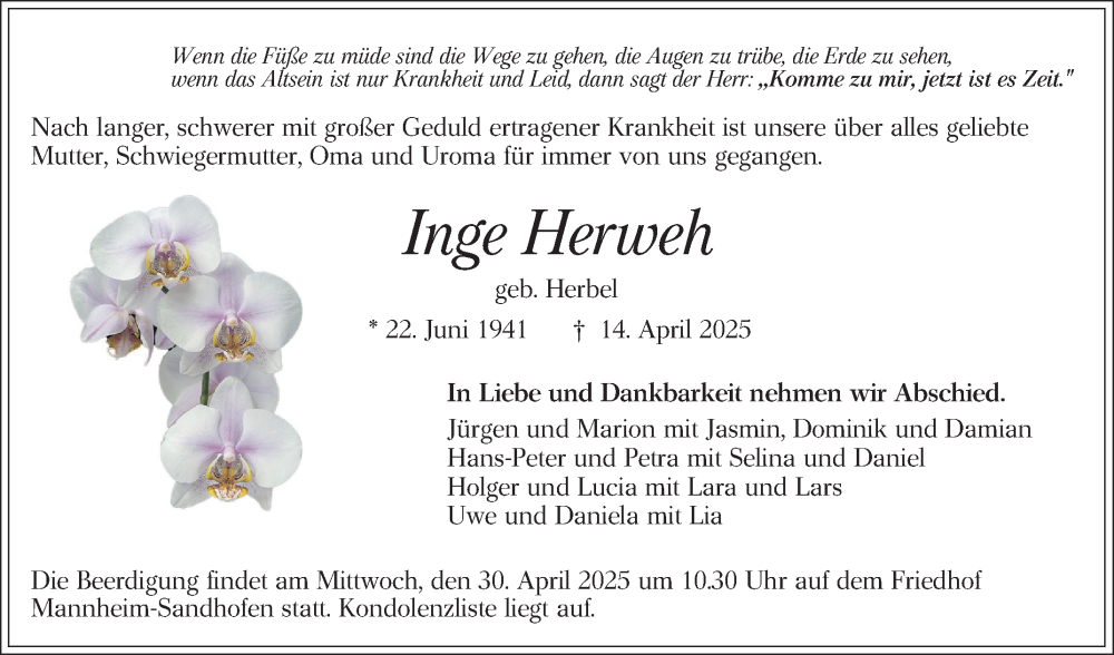  Traueranzeige für Inge Herweh vom 26.04.2025 aus Mannheimer Morgen