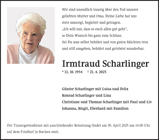 Traueranzeige von Irmtraud Scharlinger von Fränkische Nachrichten