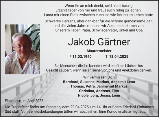 Traueranzeige von Jakob Gärtner von Bergsträßer Anzeiger