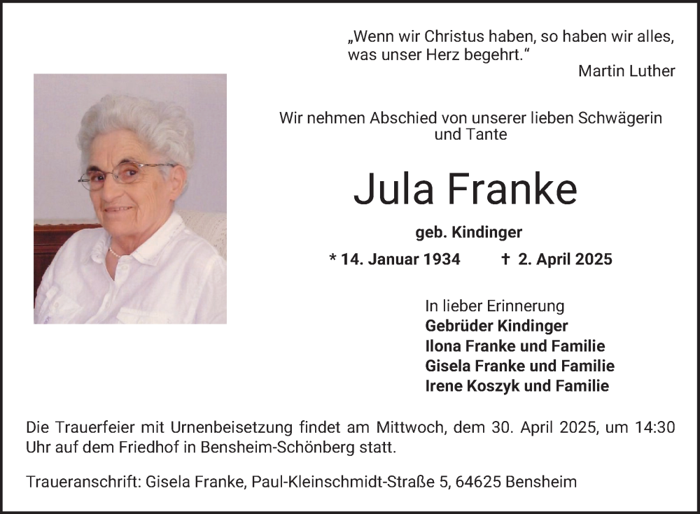  Traueranzeige für Jula Franke vom 26.04.2025 aus Bergsträßer Anzeiger