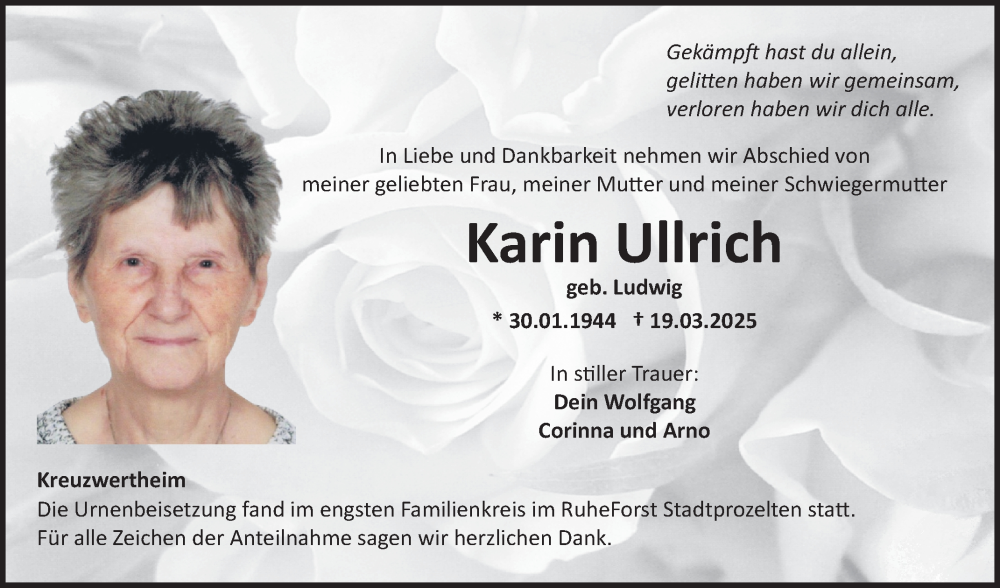  Traueranzeige für Karin Ullrich vom 02.04.2025 aus Fränkische Nachrichten