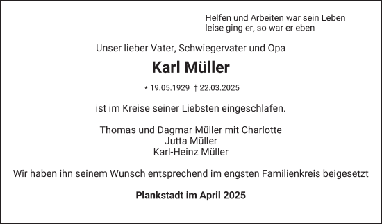 Traueranzeige von Karl Müller von Schwetzinger Zeitung