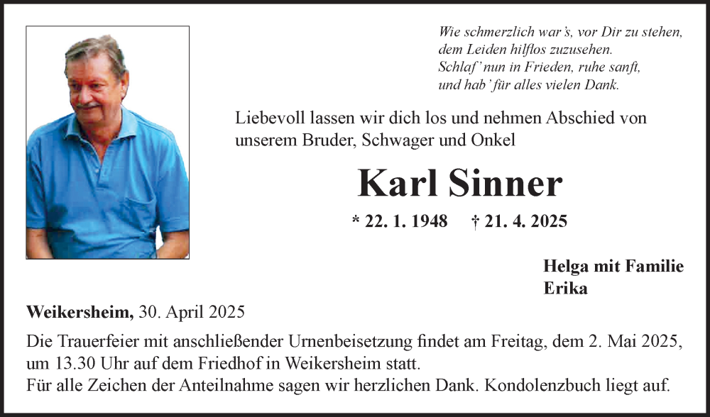  Traueranzeige für Karl Sinner vom 30.04.2025 aus Fränkische Nachrichten