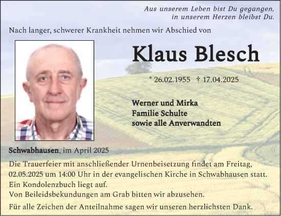 Traueranzeige von Klaus Blesch von Fränkische Nachrichten