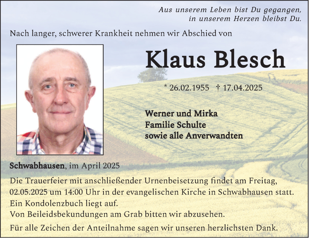  Traueranzeige für Klaus Blesch vom 26.04.2025 aus Fränkische Nachrichten