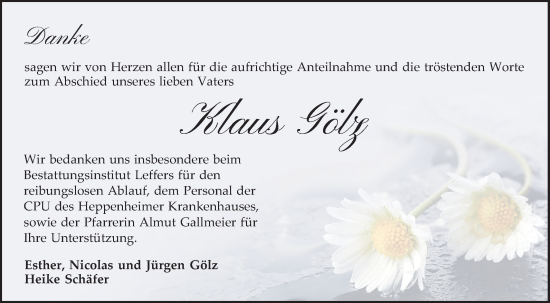 Traueranzeige von Klaus Gölz von Bergsträßer Anzeiger