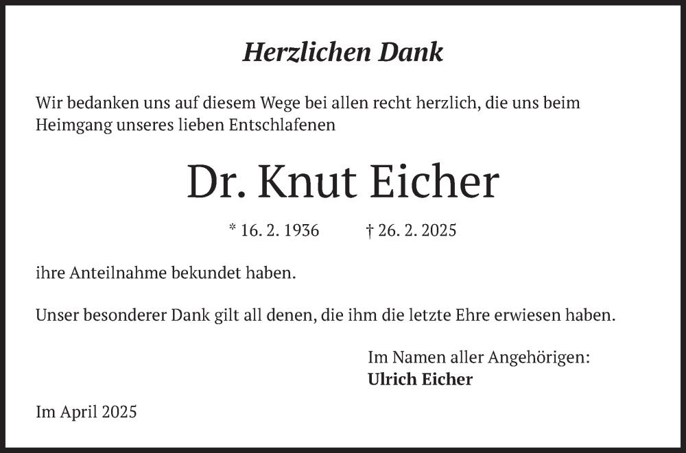  Traueranzeige für Knut Eicher vom 04.04.2025 aus Mannheimer Morgen