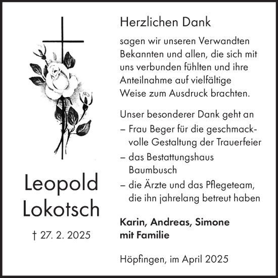 Traueranzeige von Leopold Lokotsch von Fränkische Nachrichten