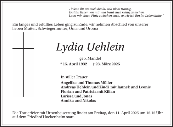 Traueranzeige von Lydia Uehlein von Schwetzinger Zeitung