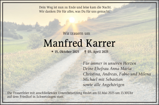 Traueranzeige von Manfred Karrer von Schwetzinger Zeitung