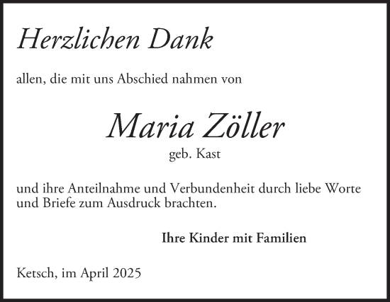 Traueranzeige von Maria Zöller von Schwetzinger Zeitung