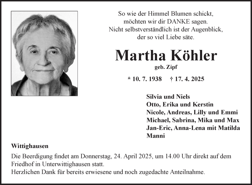  Traueranzeige für Martha Köhler vom 23.04.2025 aus Fränkische Nachrichten