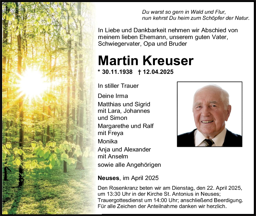  Traueranzeige für Martin Kreuser vom 16.04.2025 aus Fränkische Nachrichten