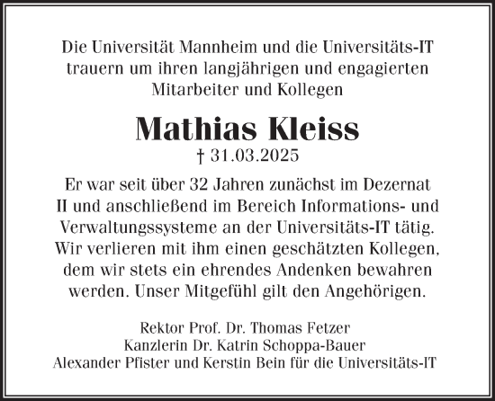 Traueranzeige von Mathias Kleiss von Mannheimer Morgen
