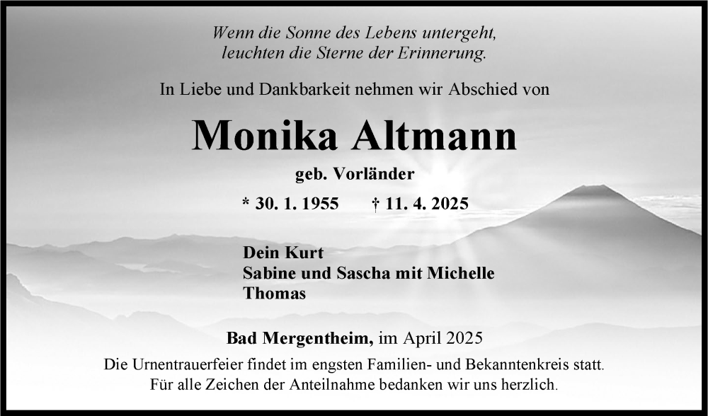  Traueranzeige für Monika Altmann vom 16.04.2025 aus Fränkische Nachrichten