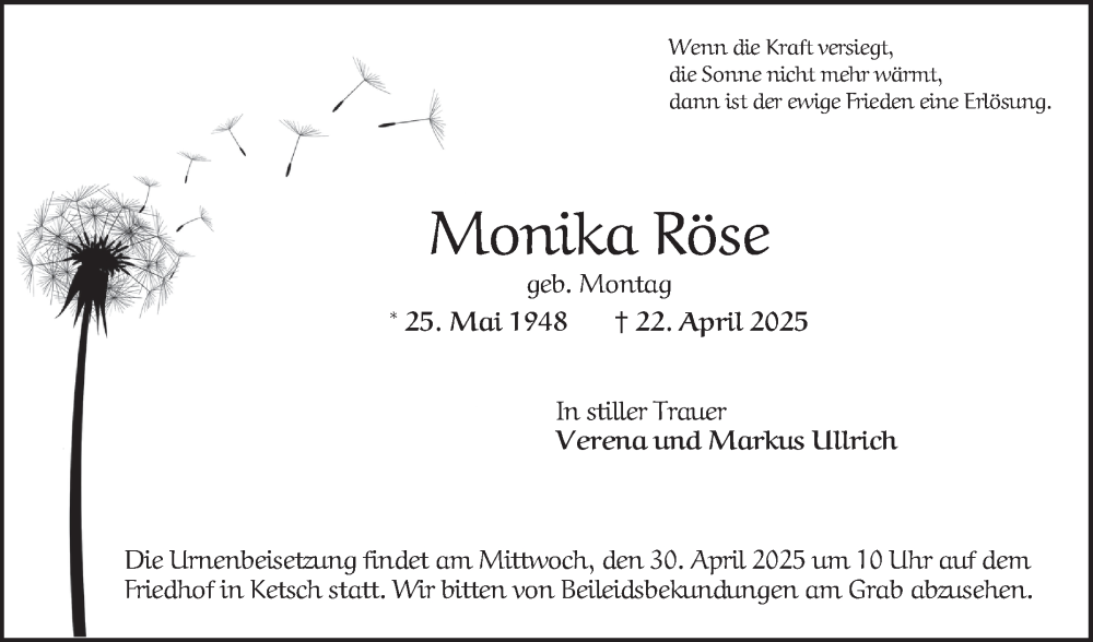  Traueranzeige für Monika Röse vom 26.04.2025 aus Schwetzinger Zeitung