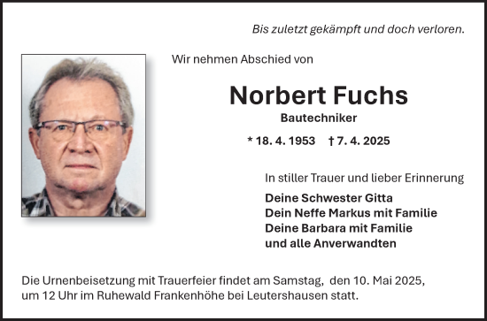 Traueranzeige von Norbert Fuchs von Fränkische Nachrichten