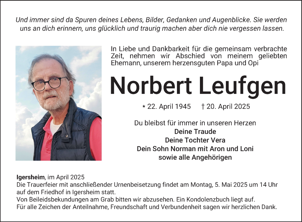  Traueranzeige für Norbert Leufgen vom 29.04.2025 aus Fränkische Nachrichten