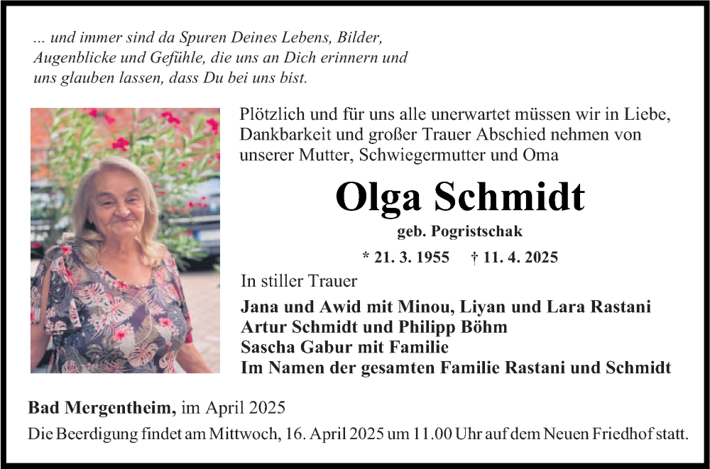  Traueranzeige für Olga Schmidt vom 15.04.2025 aus Fränkische Nachrichten