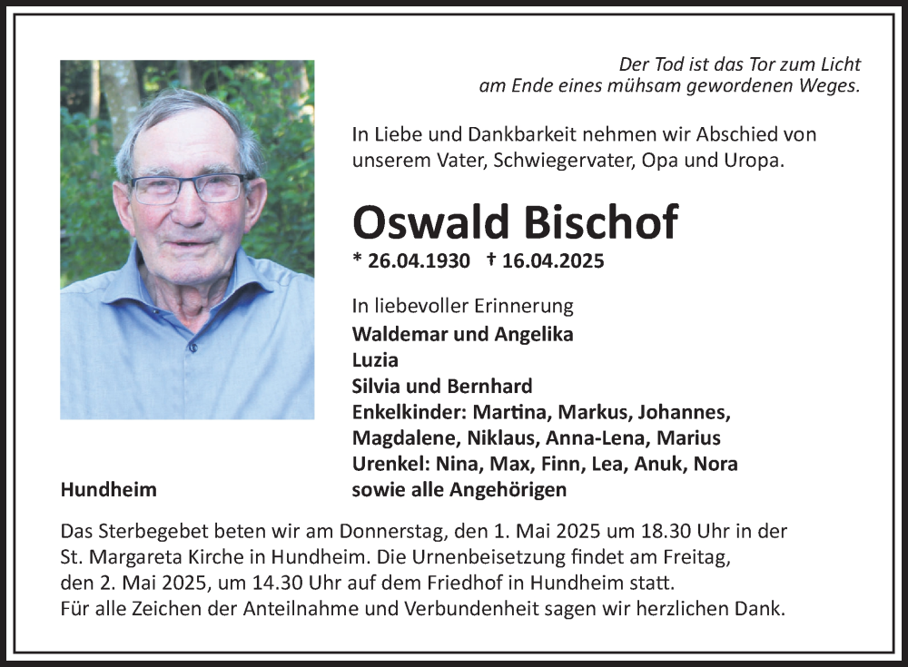  Traueranzeige für Oswald Bischof vom 30.04.2025 aus Fränkische Nachrichten