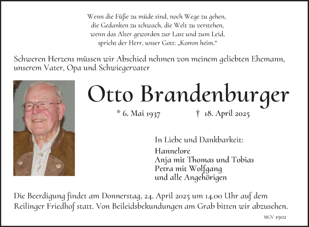  Traueranzeige für Otto Brandenburger vom 23.04.2025 aus Schwetzinger Zeitung