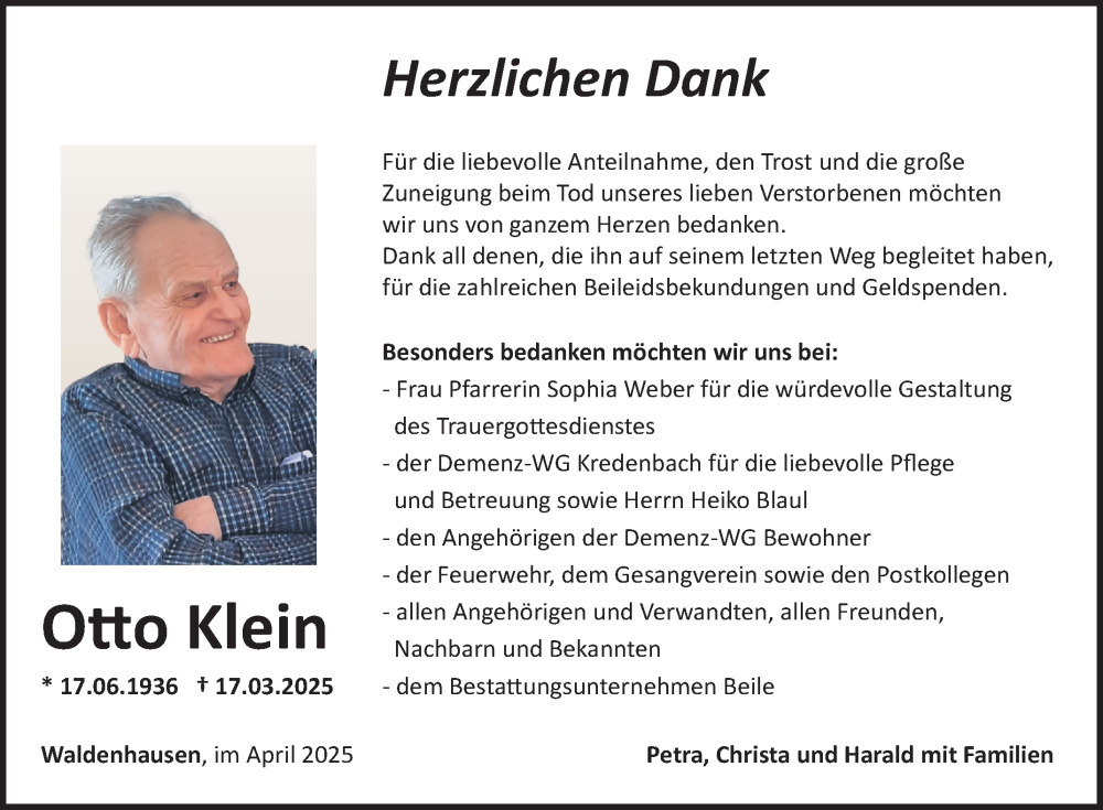  Traueranzeige für Otto Klein vom 12.04.2025 aus Fränkische Nachrichten