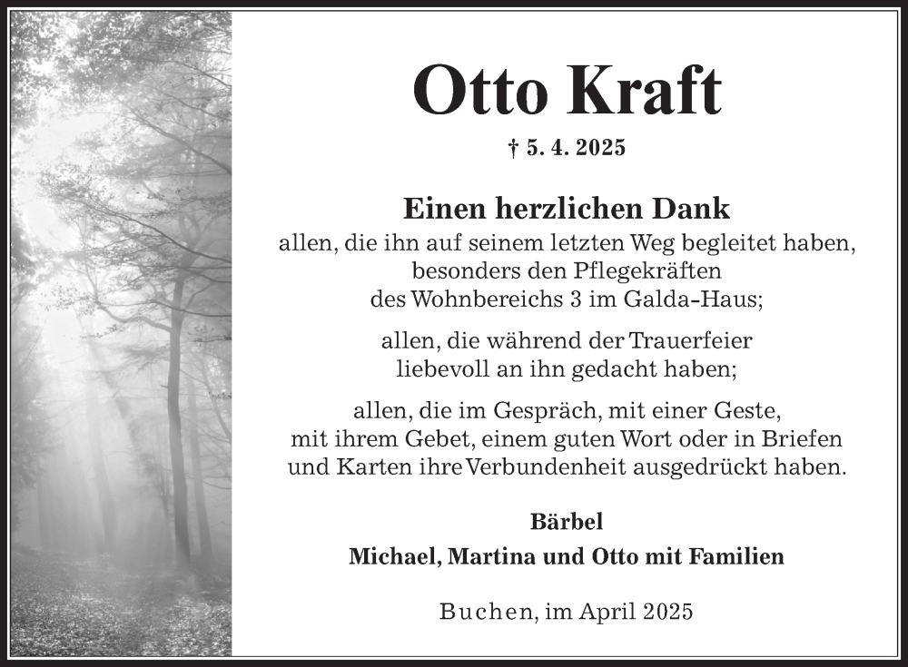 Traueranzeige für Otto Kraft vom 26.04.2025 aus Fränkische Nachrichten