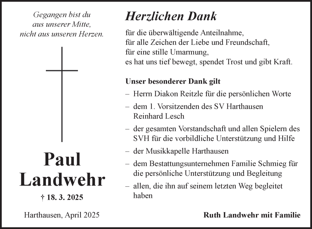  Traueranzeige für Paul Landwehr vom 12.04.2025 aus Fränkische Nachrichten