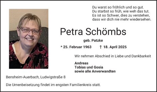 Traueranzeige von Petra Schömbs von Bergsträßer Anzeiger