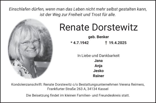 Traueranzeige von Renate Dorstewitz von Bergsträßer Anzeiger