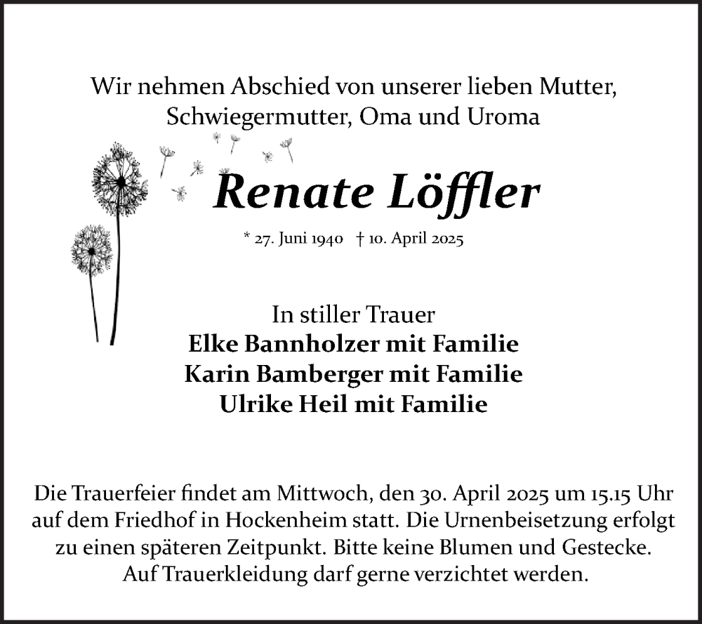  Traueranzeige für Renate Löffler vom 26.04.2025 aus Schwetzinger Zeitung