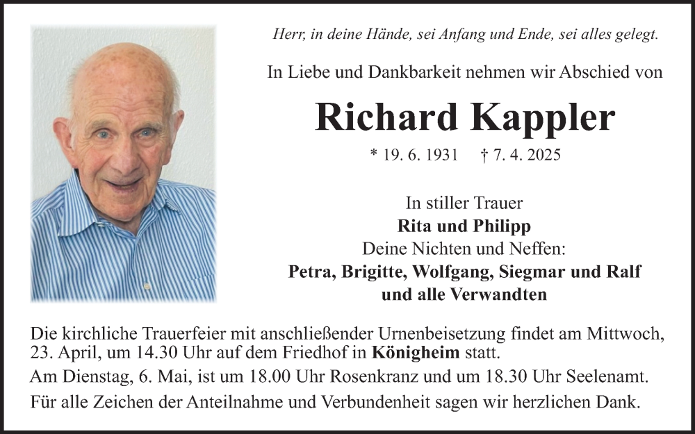  Traueranzeige für Richard Kappler vom 17.04.2025 aus Fränkische Nachrichten