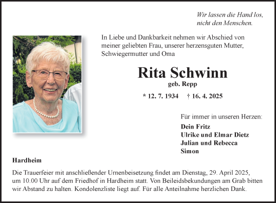 Traueranzeige von Rita Schwinn von Fränkische Nachrichten