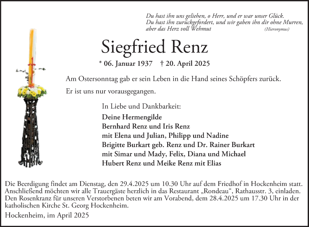  Traueranzeige für Siegfried Renz vom 26.04.2025 aus Schwetzinger Zeitung