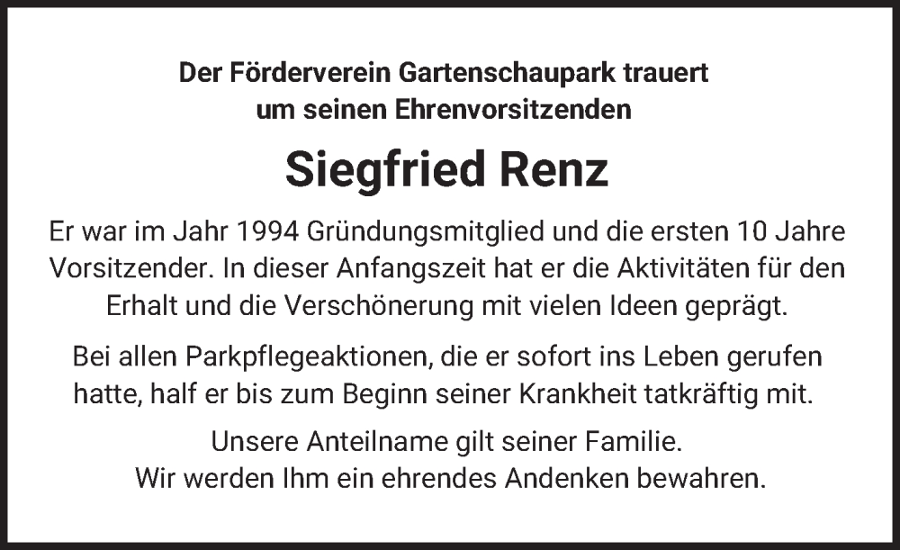  Traueranzeige für Siegfried Renz vom 26.04.2025 aus Schwetzinger Zeitung