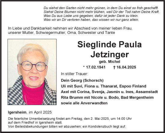 Traueranzeige von Sieglinde Paula Jetzinger von Fränkische Nachrichten